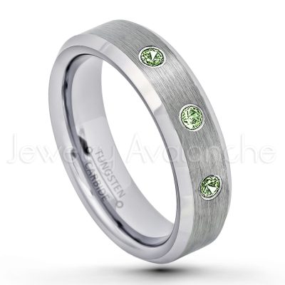 0.21ctw Green Tourmaline 3-Stone Tungsten Ring - October Birthstone Ring - 6mm Tungsten Wedding Band - Brushed Finish Comfort Fit Beveled Edge Tungsten Carbide Ring - Tungsten Anniversary Ring TN038-GTM