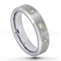 0.21ctw Peridot 3-Stone Tungsten Ring - August Birthstone Ring - 6mm Tungsten Wedding Band - Brushed Finish Comfort Fit Beveled Edge Tungsten Carbide Ring - Tungsten Anniversary Ring TN038-PD