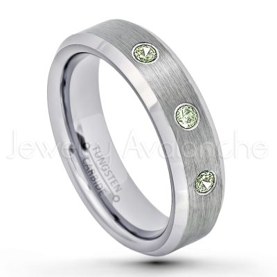 0.21ctw Peridot & Diamond 3-Stone Tungsten Ring - August Birthstone Ring - 6mm Tungsten Wedding Band - Brushed Finish Comfort Fit Beveled Edge Tungsten Carbide Ring - Tungsten Anniversary Ring TN038-PD