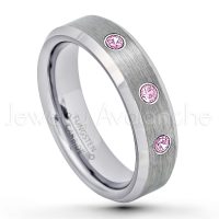0.21ctw Pink Tourmaline 3-Stone Tungsten Ring - October Birthstone Ring - 6mm Tungsten Wedding Band - Brushed Finish Comfort Fit Beveled Edge Tungsten Carbide Ring - Tungsten Anniversary Ring TN038-PTM
