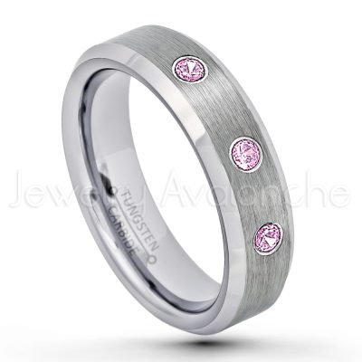 0.07ctw Pink Tourmaline Tungsten Ring - October Birthstone Ring - 6mm Tungsten Wedding Band - Brushed Finish Comfort Fit Beveled Edge Tungsten Carbide Ring - Tungsten Anniversary Ring TN038-PTM