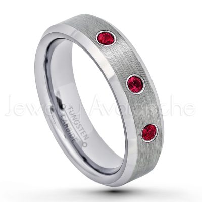 0.07ctw Ruby Tungsten Ring - July Birthstone Ring - 6mm Tungsten Wedding Band - Brushed Finish Comfort Fit Beveled Edge Tungsten Carbide Ring - Tungsten Anniversary Ring TN038-RB