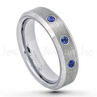 0.21ctw Blue Sapphire 3-Stone Tungsten Ring - September Birthstone Ring - 6mm Tungsten Wedding Band - Brushed Finish Comfort Fit Beveled Edge Tungsten Carbide Ring - Tungsten Anniversary Ring TN038-SP