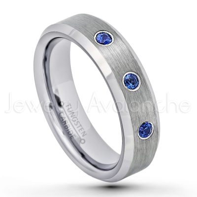 0.21ctw Blue Sapphire & Diamond 3-Stone Tungsten Ring - September Birthstone Ring - 6mm Tungsten Wedding Band - Brushed Finish Comfort Fit Beveled Edge Tungsten Carbide Ring - Tungsten Anniversary Ring TN038-SP