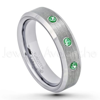 0.21ctw Tsavorite & Diamond 3-Stone Tungsten Ring - January Birthstone Ring - 6mm Tungsten Wedding Band - Brushed Finish Comfort Fit Beveled Edge Tungsten Carbide Ring - Tungsten Anniversary Ring TN038-TVR