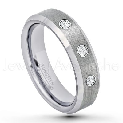 0.21ctw White & Black Diamond 3-Stone Tungsten Ring - April Birthstone Ring - 6mm Tungsten Wedding Band - Brushed Finish Comfort Fit Beveled Edge Tungsten Carbide Ring - Tungsten Anniversary Ring TN038-WD