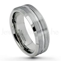 7mm Grooved Tungsten Wedding Band - Brushed Finish Comfort Fit Beveled Edge Tungsten Carbide Ring - Men's Tungsten Anniversary Ring TN046PL