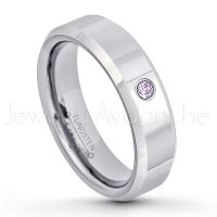 0.07ctw Amethyst Tungsten Ring - February Birthstone Ring - 6mm Tungsten Wedding Band - Polished Finish Comfort Fit Beveled Edge Tungsten Carbide Ring - Anniversary Ring TN048-AMT