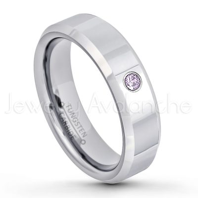0.21ctw Amethyst 3-Stone Tungsten Ring - February Birthstone Ring - 6mm Tungsten Wedding Band - Polished Finish Comfort Fit Beveled Edge Tungsten Carbide Ring - Anniversary Ring TN048-AMT