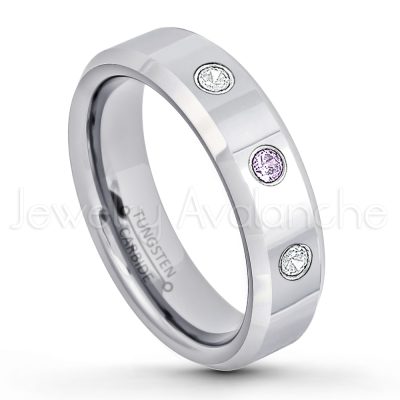 0.21ctw Amethyst & Diamond 3-Stone Tungsten Ring - February Birthstone Ring - 6mm Tungsten Wedding Band - Polished Finish Comfort Fit Beveled Edge Tungsten Carbide Ring - Anniversary Ring TN048-AMT