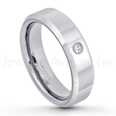0.21ctw Aquamarine & Diamond 3-Stone Tungsten Ring - March Birthstone Ring - 6mm Tungsten Wedding Band - Polished Finish Comfort Fit Beveled Edge Tungsten Carbide Ring - Anniversary Ring TN048-AQM