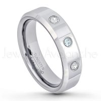 0.21ctw Aquamarine & Diamond 3-Stone Tungsten Ring - March Birthstone Ring - 6mm Tungsten Wedding Band - Polished Finish Comfort Fit Beveled Edge Tungsten Carbide Ring - Anniversary Ring TN048-AQM