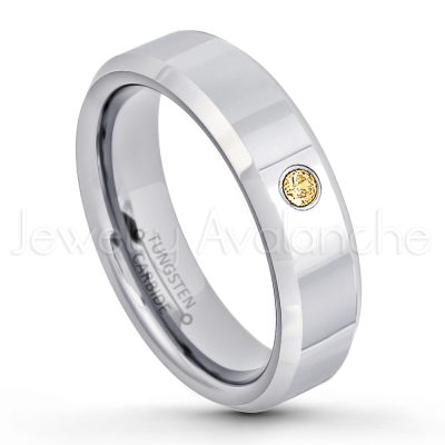 0.21ctw Citrine & Diamond 3-Stone Tungsten Ring - November Birthstone Ring - 6mm Tungsten Wedding Band - Polished Finish Comfort Fit Beveled Edge Tungsten Carbide Ring - Anniversary Ring TN048-CN