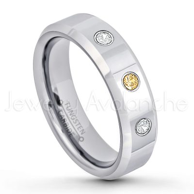 0.07ctw Citrine Tungsten Ring - November Birthstone Ring - 6mm Tungsten Wedding Band - Polished Finish Comfort Fit Beveled Edge Tungsten Carbide Ring - Anniversary Ring TN048-CN