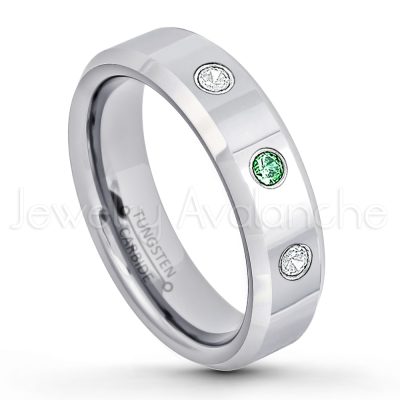 0.21ctw Emerald 3-Stone Tungsten Ring - May Birthstone Ring - 6mm Tungsten Wedding Band - Polished Finish Comfort Fit Beveled Edge Tungsten Carbide Ring - Anniversary Ring TN048-ED