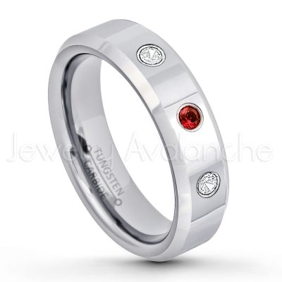 0.21ctw Garnet 3-Stone Tungsten Ring - January Birthstone Ring - 6mm Tungsten Wedding Band - Polished Finish Comfort Fit Beveled Edge Tungsten Carbide Ring - Anniversary Ring TN048-GR