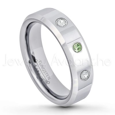 0.21ctw Green Tourmaline 3-Stone Tungsten Ring - October Birthstone Ring - 6mm Tungsten Wedding Band - Polished Finish Comfort Fit Beveled Edge Tungsten Carbide Ring - Anniversary Ring TN048-GTM