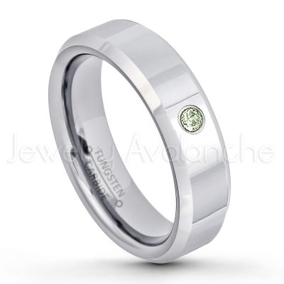 0.21ctw Peridot 3-Stone Tungsten Ring - August Birthstone Ring - 6mm Tungsten Wedding Band - Polished Finish Comfort Fit Beveled Edge Tungsten Carbide Ring - Anniversary Ring TN048-PD