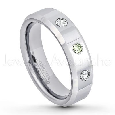 0.07ctw Peridot Tungsten Ring - August Birthstone Ring - 6mm Tungsten Wedding Band - Polished Finish Comfort Fit Beveled Edge Tungsten Carbide Ring - Anniversary Ring TN048-PD