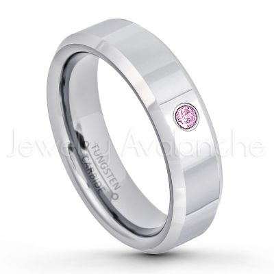 0.21ctw Pink Tourmaline 3-Stone Tungsten Ring - October Birthstone Ring - 6mm Tungsten Wedding Band - Polished Finish Comfort Fit Beveled Edge Tungsten Carbide Ring - Anniversary Ring TN048-PTM