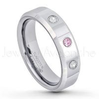 0.21ctw Pink Tourmaline & Diamond 3-Stone Tungsten Ring - October Birthstone Ring - 6mm Tungsten Wedding Band - Polished Finish Comfort Fit Beveled Edge Tungsten Carbide Ring - Anniversary Ring TN048-PTM