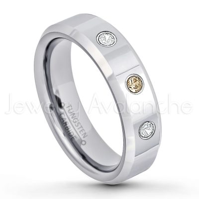 0.21ctw Smokey Quartz 3-Stone Tungsten Ring - November Birthstone Ring - 6mm Tungsten Wedding Band - Polished Finish Comfort Fit Beveled Edge Tungsten Carbide Ring - Anniversary Ring TN048-SMQ