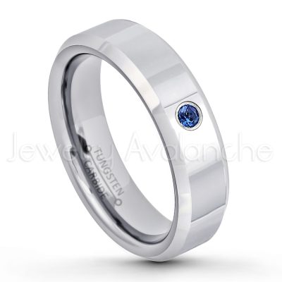 0.21ctw Blue Sapphire 3-Stone Tungsten Ring - September Birthstone Ring - 6mm Tungsten Wedding Band - Polished Finish Comfort Fit Beveled Edge Tungsten Carbide Ring - Anniversary Ring TN048-SP