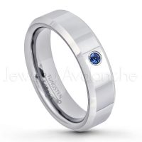 0.07ctw Blue Sapphire Tungsten Ring - September Birthstone Ring - 6mm Tungsten Wedding Band - Polished Finish Comfort Fit Beveled Edge Tungsten Carbide Ring - Anniversary Ring TN048-SP