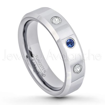 0.21ctw Blue Sapphire 3-Stone Tungsten Ring - September Birthstone Ring - 6mm Tungsten Wedding Band - Polished Finish Comfort Fit Beveled Edge Tungsten Carbide Ring - Anniversary Ring TN048-SP