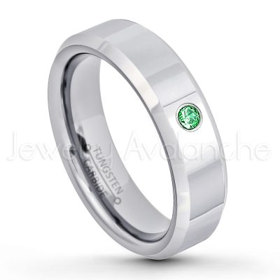 0.21ctw Tsavorite & Diamond 3-Stone Tungsten Ring - January Birthstone Ring - 6mm Tungsten Wedding Band - Polished Finish Comfort Fit Beveled Edge Tungsten Carbide Ring - Anniversary Ring TN048-TVR