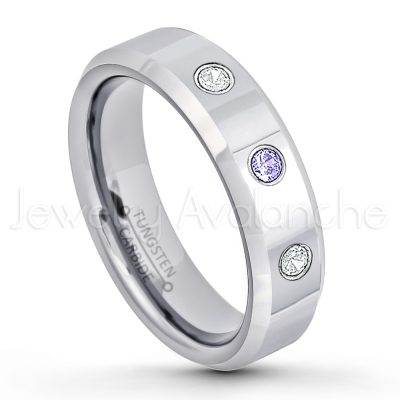 0.07ctw Tanzanite Tungsten Ring - December Birthstone Ring - 6mm Tungsten Wedding Band - Polished Finish Comfort Fit Beveled Edge Tungsten Carbide Ring - Anniversary Ring TN048-TZN