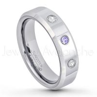 0.21ctw Tanzanite & Diamond 3-Stone Tungsten Ring - December Birthstone Ring - 6mm Tungsten Wedding Band - Polished Finish Comfort Fit Beveled Edge Tungsten Carbide Ring - Anniversary Ring TN048-TZN