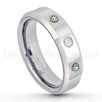0.21ctw Alexandrite & Diamond 3-Stone Tungsten Ring - June Birthstone Ring - 6mm Tungsten Wedding Band - Polished Finish Comfort Fit Beveled Edge Tungsten Carbide Ring - Anniversary Ring TN048-ALX