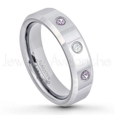 0.21ctw Amethyst & Diamond 3-Stone Tungsten Ring - February Birthstone Ring - 6mm Tungsten Wedding Band - Polished Finish Comfort Fit Beveled Edge Tungsten Carbide Ring - Anniversary Ring TN048-AMT