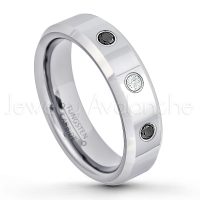 0.21ctw White & Black Diamond 3-Stone Tungsten Ring - April Birthstone Ring - 6mm Tungsten Wedding Band - Polished Finish Comfort Fit Beveled Edge Tungsten Carbide Ring - Anniversary Ring TN048-WD