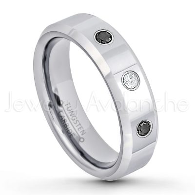 0.07ctw Black Diamond Tungsten Ring - April Birthstone Ring - 6mm Tungsten Wedding Band - Polished Finish Comfort Fit Beveled Edge Tungsten Carbide Ring - Anniversary Ring TN048-BD