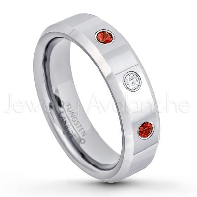 0.21ctw Garnet & Diamond 3-Stone Tungsten Ring - January Birthstone Ring - 6mm Tungsten Wedding Band - Polished Finish Comfort Fit Beveled Edge Tungsten Carbide Ring - Anniversary Ring TN048-GR