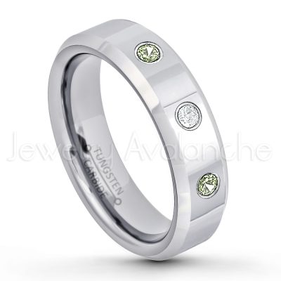 0.21ctw Peridot 3-Stone Tungsten Ring - August Birthstone Ring - 6mm Tungsten Wedding Band - Polished Finish Comfort Fit Beveled Edge Tungsten Carbide Ring - Anniversary Ring TN048-PD