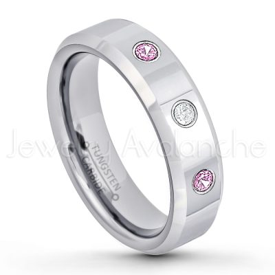 0.07ctw Pink Tourmaline Tungsten Ring - October Birthstone Ring - 6mm Tungsten Wedding Band - Polished Finish Comfort Fit Beveled Edge Tungsten Carbide Ring - Anniversary Ring TN048-PTM