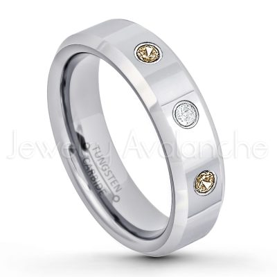0.07ctw Smokey Quartz Tungsten Ring - November Birthstone Ring - 6mm Tungsten Wedding Band - Polished Finish Comfort Fit Beveled Edge Tungsten Carbide Ring - Anniversary Ring TN048-SMQ