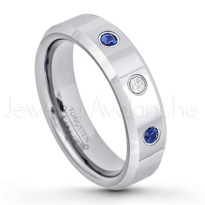0.21ctw Blue Sapphire & Diamond 3-Stone Tungsten Ring - September Birthstone Ring - 6mm Tungsten Wedding Band - Polished Finish Comfort Fit Beveled Edge Tungsten Carbide Ring - Anniversary Ring TN048-SP