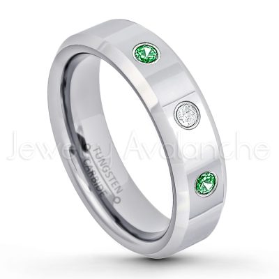0.21ctw Tsavorite 3-Stone Tungsten Ring - January Birthstone Ring - 6mm Tungsten Wedding Band - Polished Finish Comfort Fit Beveled Edge Tungsten Carbide Ring - Anniversary Ring TN048-TVR