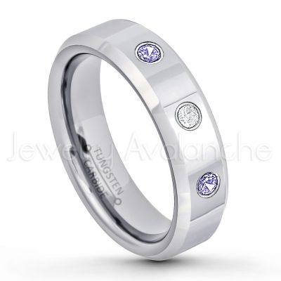 0.21ctw Tanzanite & Diamond 3-Stone Tungsten Ring - December Birthstone Ring - 6mm Tungsten Wedding Band - Polished Finish Comfort Fit Beveled Edge Tungsten Carbide Ring - Anniversary Ring TN048-TZN