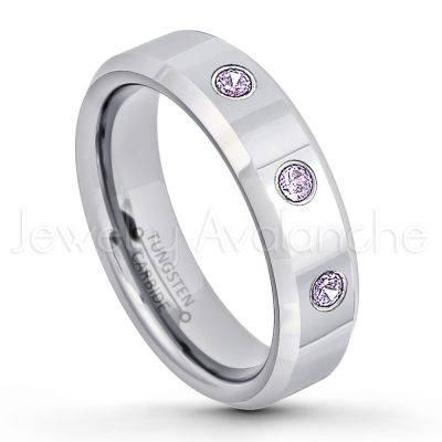 0.07ctw Amethyst Tungsten Ring - February Birthstone Ring - 6mm Tungsten Wedding Band - Polished Finish Comfort Fit Beveled Edge Tungsten Carbide Ring - Anniversary Ring TN048-AMT