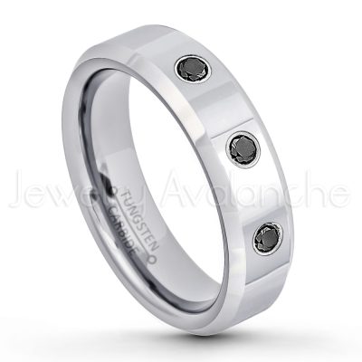 0.07ctw Black Diamond Tungsten Ring - April Birthstone Ring - 6mm Tungsten Wedding Band - Polished Finish Comfort Fit Beveled Edge Tungsten Carbide Ring - Anniversary Ring TN048-BD