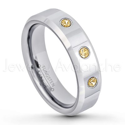 0.07ctw Citrine Tungsten Ring - November Birthstone Ring - 6mm Tungsten Wedding Band - Polished Finish Comfort Fit Beveled Edge Tungsten Carbide Ring - Anniversary Ring TN048-CN