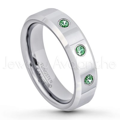 0.21ctw Emerald & Diamond 3-Stone Tungsten Ring - May Birthstone Ring - 6mm Tungsten Wedding Band - Polished Finish Comfort Fit Beveled Edge Tungsten Carbide Ring - Anniversary Ring TN048-ED