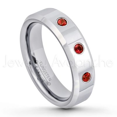 0.21ctw Garnet & Diamond 3-Stone Tungsten Ring - January Birthstone Ring - 6mm Tungsten Wedding Band - Polished Finish Comfort Fit Beveled Edge Tungsten Carbide Ring - Anniversary Ring TN048-GR