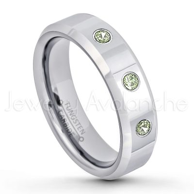 0.21ctw Peridot & Diamond 3-Stone Tungsten Ring - August Birthstone Ring - 6mm Tungsten Wedding Band - Polished Finish Comfort Fit Beveled Edge Tungsten Carbide Ring - Anniversary Ring TN048-PD