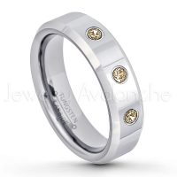 0.21ctw Smokey Quartz 3-Stone Tungsten Ring - November Birthstone Ring - 6mm Tungsten Wedding Band - Polished Finish Comfort Fit Beveled Edge Tungsten Carbide Ring - Anniversary Ring TN048-SMQ